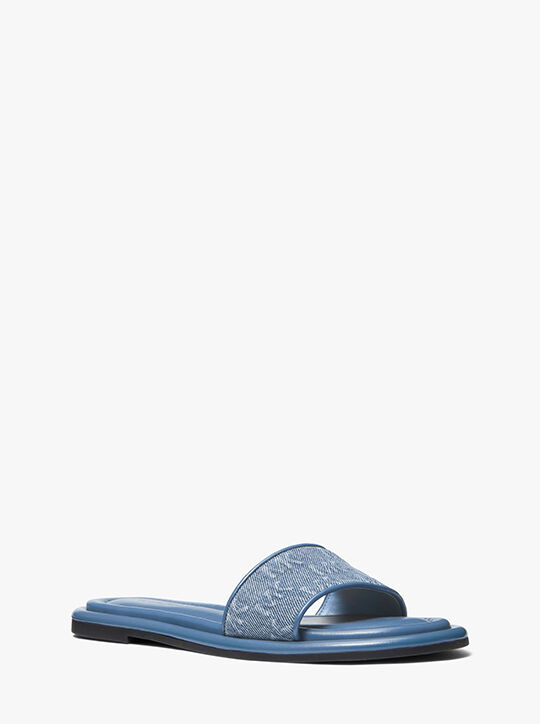 michael kors dana logo embossed denim slide sandal