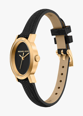 michael kors maude three hand black leather watch