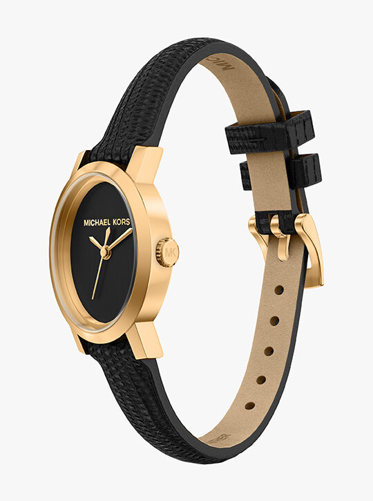 michael kors maude three hand black leather watch