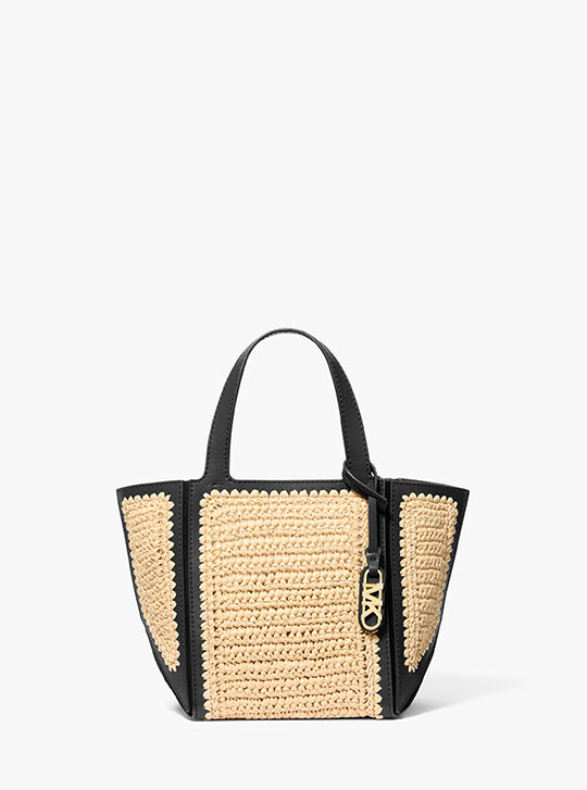 Jordi Small Hand-Crocheted Straw and Leather Tote Bag, NAT/ BLK