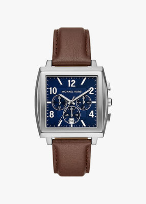 michael kors oversized rhys silver tone and leather watch