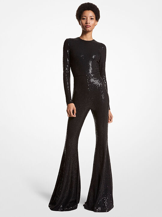 michael kors hand embroidered sequin stretch jersey flared jumpsuit