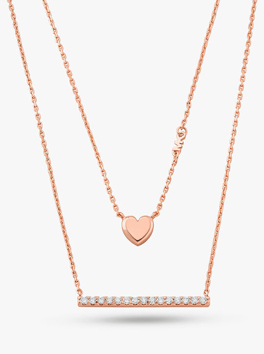 michael kors precious metal plated sterling silver double heart and pav  bar necklace