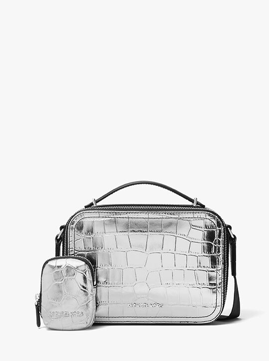 michael kors hudson metallic crocodile embossed leather crossbody bag