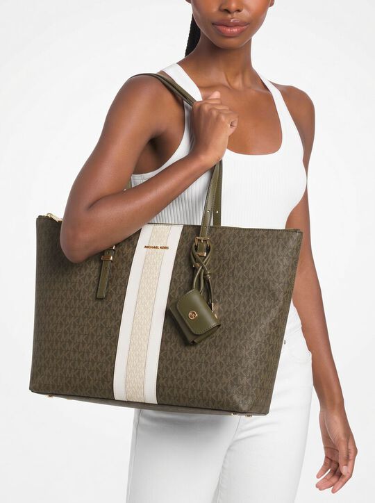 michael kors logo print striped tote bag