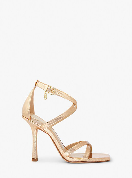 michael kors celia metallic snake embossed leather sandal