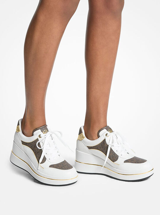michael kors emmy signature logo and leather wedge trainer