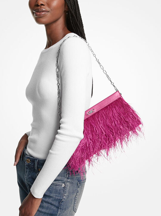 Tabitha Large Feather Embellished Leather Clutch