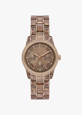 michael kors ساعة ريتز بافيه بيج مطلية بالذهب وأسيتات