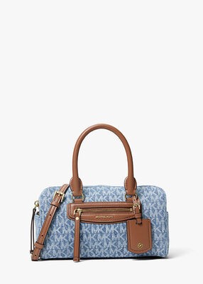 michael kors jet set travel extra small signature logo print denim duffel crossbody bag