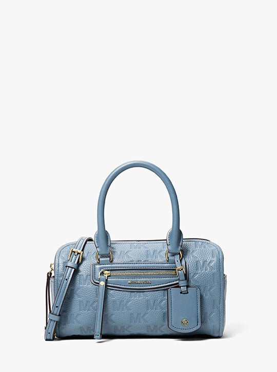 michael kors jet set travel extra small logo embossed leather duffel crossbody bag