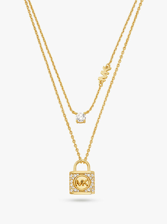 Precious Metal-Plated Sterling Gold Pavé Lock Layered Necklace