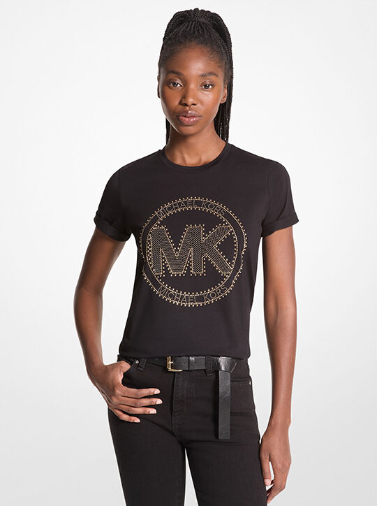 تي شيرت جيرسي قطني عضوي مزين بشعار الماركة مرصع michael kors تي شيرت جيرسي قطني عضوي مزين بشعار الماركة مرصع