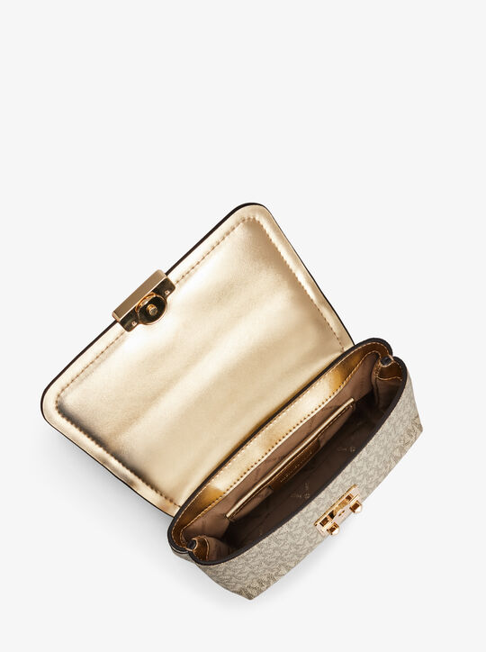 michael kors tribeca extra small metallic signature logo convertible crossbody bag