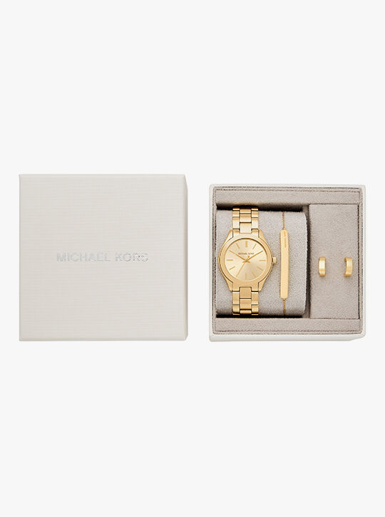 michael kors slim runway three hand gold tone watch gift set