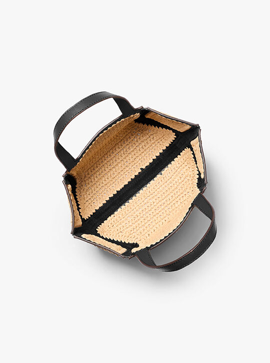 Jordi Small Hand-Crocheted Straw and Leather Tote Bag, NAT/ BLK