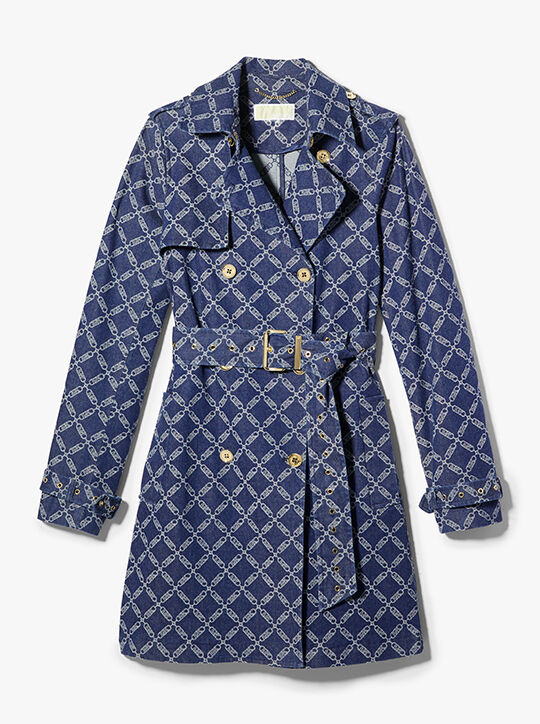 michael kors empire logo jacquard denim trench coat