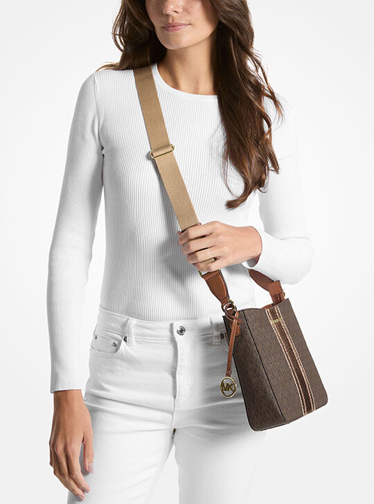 Jet Set Travel Small Signature Logo and Metallic Messenger Bag BROWN