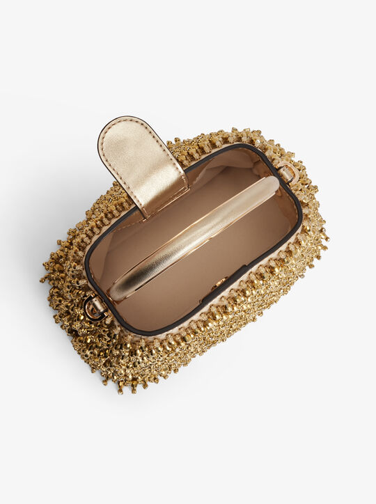 michael kors حقيبة دلو روزي معدنية مزينة بزخارف، إصدار محدود، صغيرة جدًا