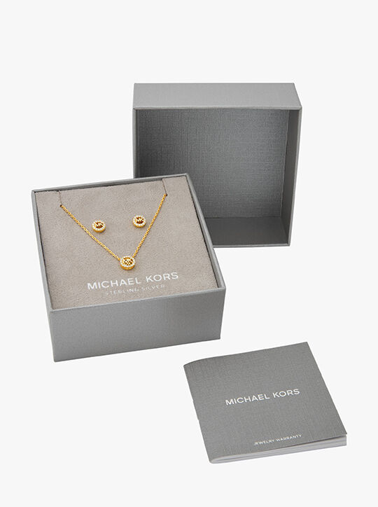 Gold Plated Sterling Silver Pavé Logo Necklace/Earring Set michael kors gold plated sterling silver pav logo necklace earring set