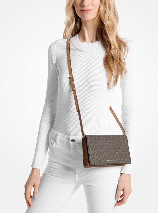 Jet Set Medium Signature Logo Front-Flap Crossbody Bag, BRN/ACORN