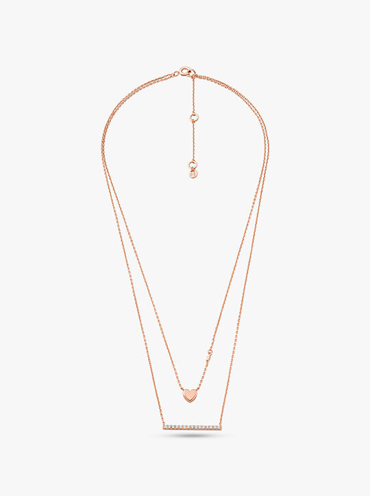michael kors precious metal plated sterling silver double heart and pav  bar necklace