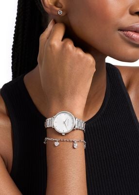 michael kors mini pyper pav  silver tone watch and jewelry gift set