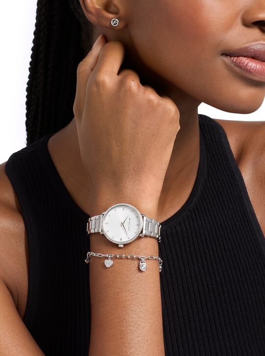 Mini Pyper Pavé Silver-Tone Watch and Jewelry Gift Set michael kors mini pyper pav silver tone watch and jewelry gift set