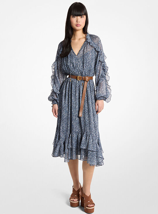 Ruffled Metallic Floral Print Georgette Belted Midi Dress