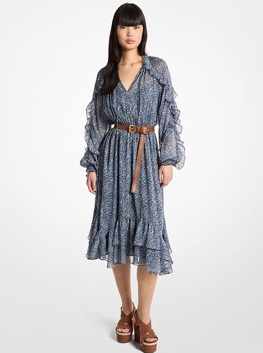 فستان ميدي من قماش الجورجيت مكشكش بنقشة زهور معدنية وحزام michael kors فستان ميدي من قماش الجورجيت مكشكش بنقشة زهور معدنية وحزام