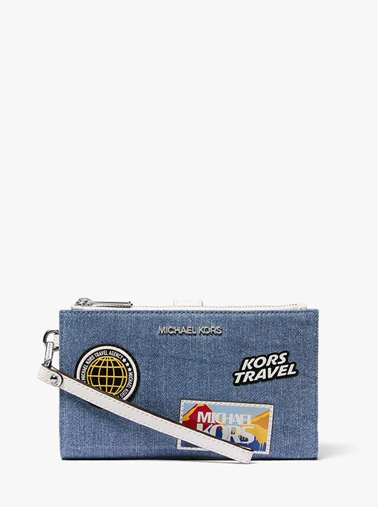 michael kors jet set travel large embellished denim wristlet