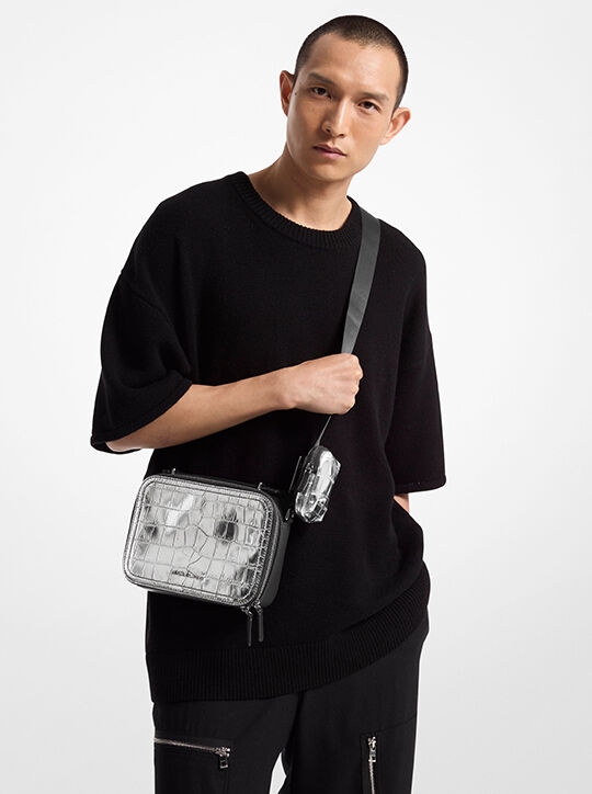 michael kors hudson metallic crocodile embossed leather crossbody bag