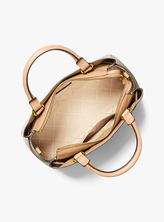 Reed Large Two-Tone Graphic Logo Belted Satchel, CAMEL MULTI