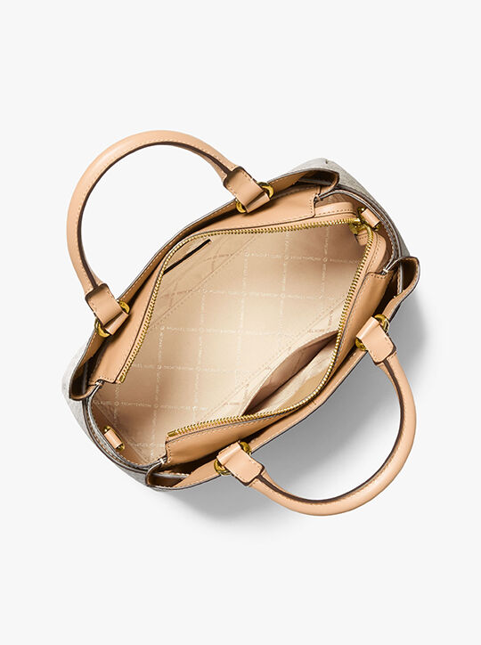 michael kors reed large two tone graphic logo belted satchel