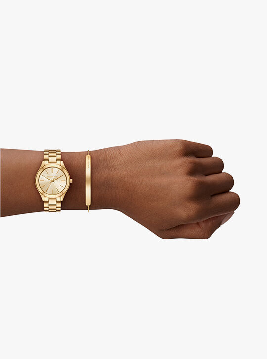 michael kors slim runway three hand gold tone watch gift set