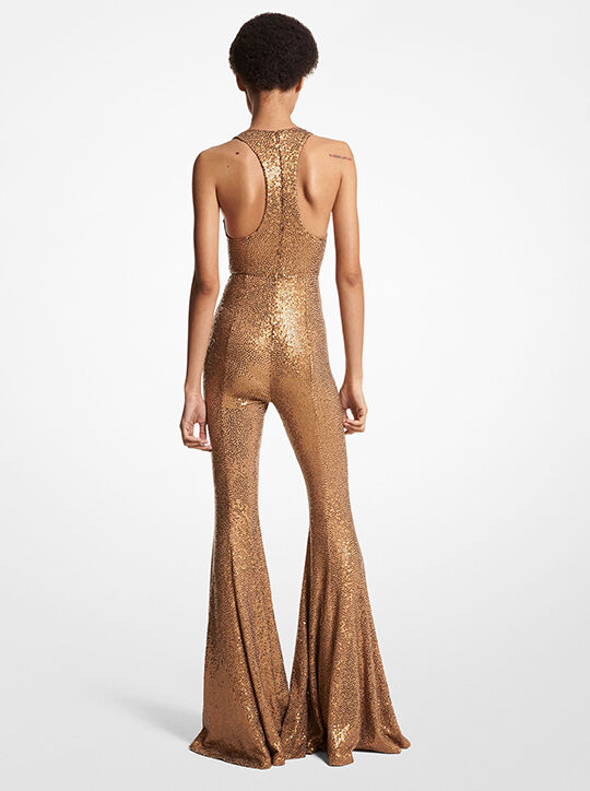michael kors hand embroidered sequin stretch matte jersey flared jumpsuit