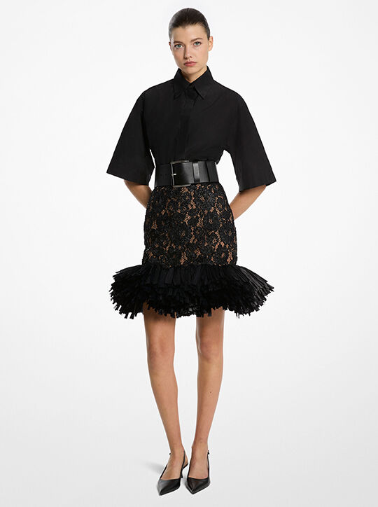 Hand-Embroidered Floral Lace and Fringe Skirt michael kors hand embroidered floral lace and fringe skirt
