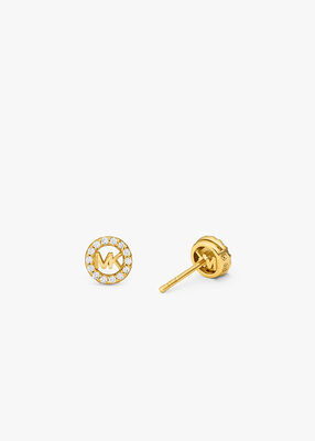 michael kors fulton precious metal plated sterling silver pav  logo charm stud earrings