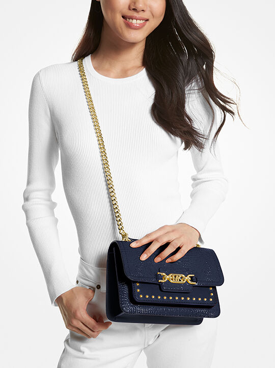 michael kors heather large studded crocodile embossed leather shoulder bag