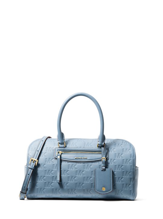 michael kors jet set travel medium logo embossed leather duffel crossbody bag