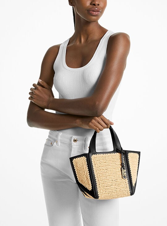 Jordi Small Hand-Crocheted Straw and Leather Tote Bag, NAT/ BLK