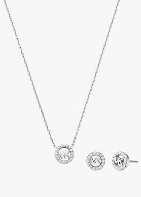 michael kors rhodium plated sterling silver pav  logo necklace earring set