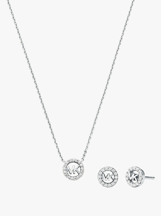 michael kors rhodium plated sterling silver pav  logo necklace earring set