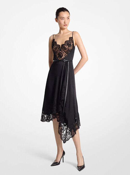 Lace Trim Satin Charmeuse Asymmetric Slip Dress, BLACK | Michael