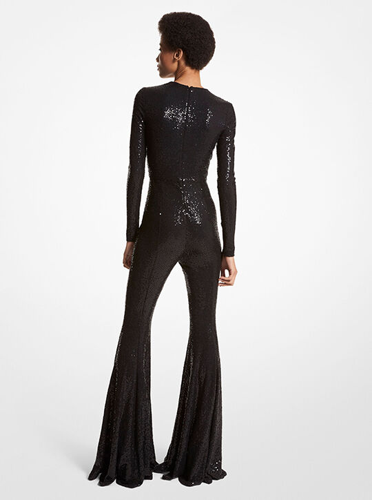 michael kors hand embroidered sequin stretch jersey flared jumpsuit