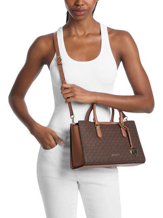 michael kors arden medium signature logo top zip satchel