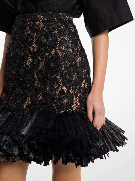 Hand-Embroidered Floral Lace and Fringe Skirt michael kors hand embroidered floral lace and fringe skirt