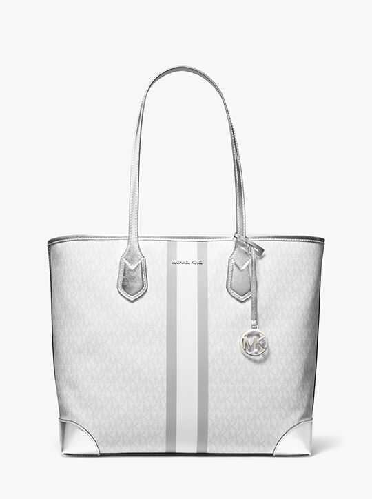 michael kors eva large metallic signature logo stripe tote bag