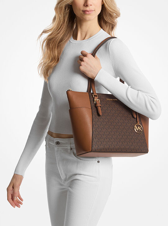 Charlotte Large Logo and Leather Top-Zip Tote Bag, BROWN | Michael