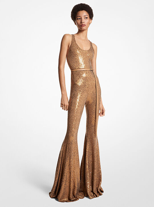michael kors hand embroidered sequin stretch matte jersey flared jumpsuit